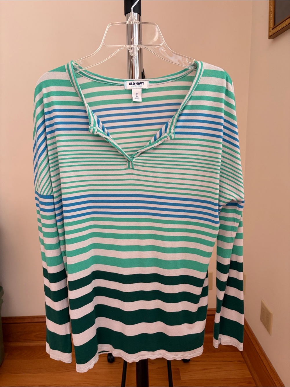 Old Navy Teal, Green & Blue Striped Long Sleeve V-Notch Top